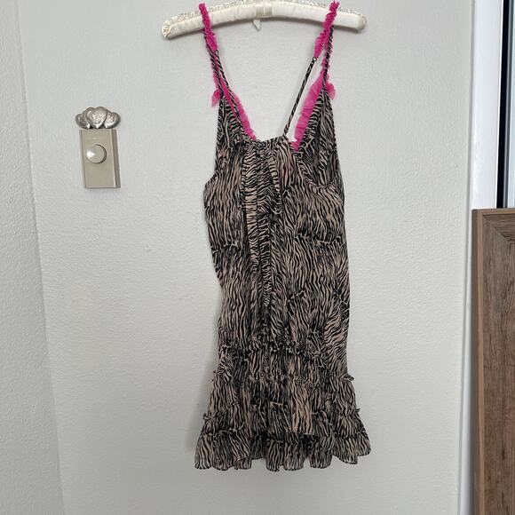 Vintage Y2K Betsey Johnson Chiffon Zebra Print Pink Ruffle Bow Chemise Babydoll - Picture 4 of 8